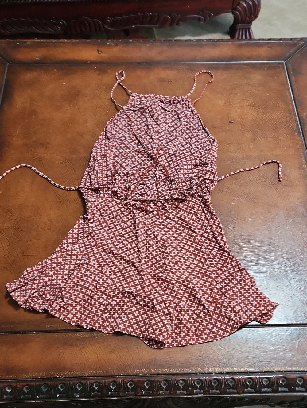 Olivaceous Rust Red Printed Halter Tie-Waist Romper
